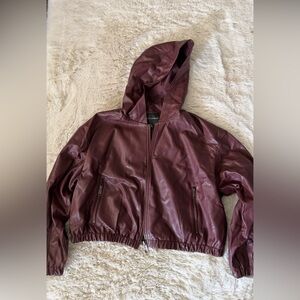 Ashley Graham Burgundy Faux Leather Hooded Bomber